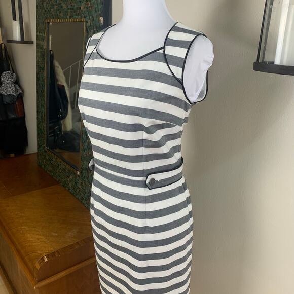 Banana Republic Size 6 Women's Striped Sheath Dress Gray White Fitted Minimalist - Picture 3 of 8